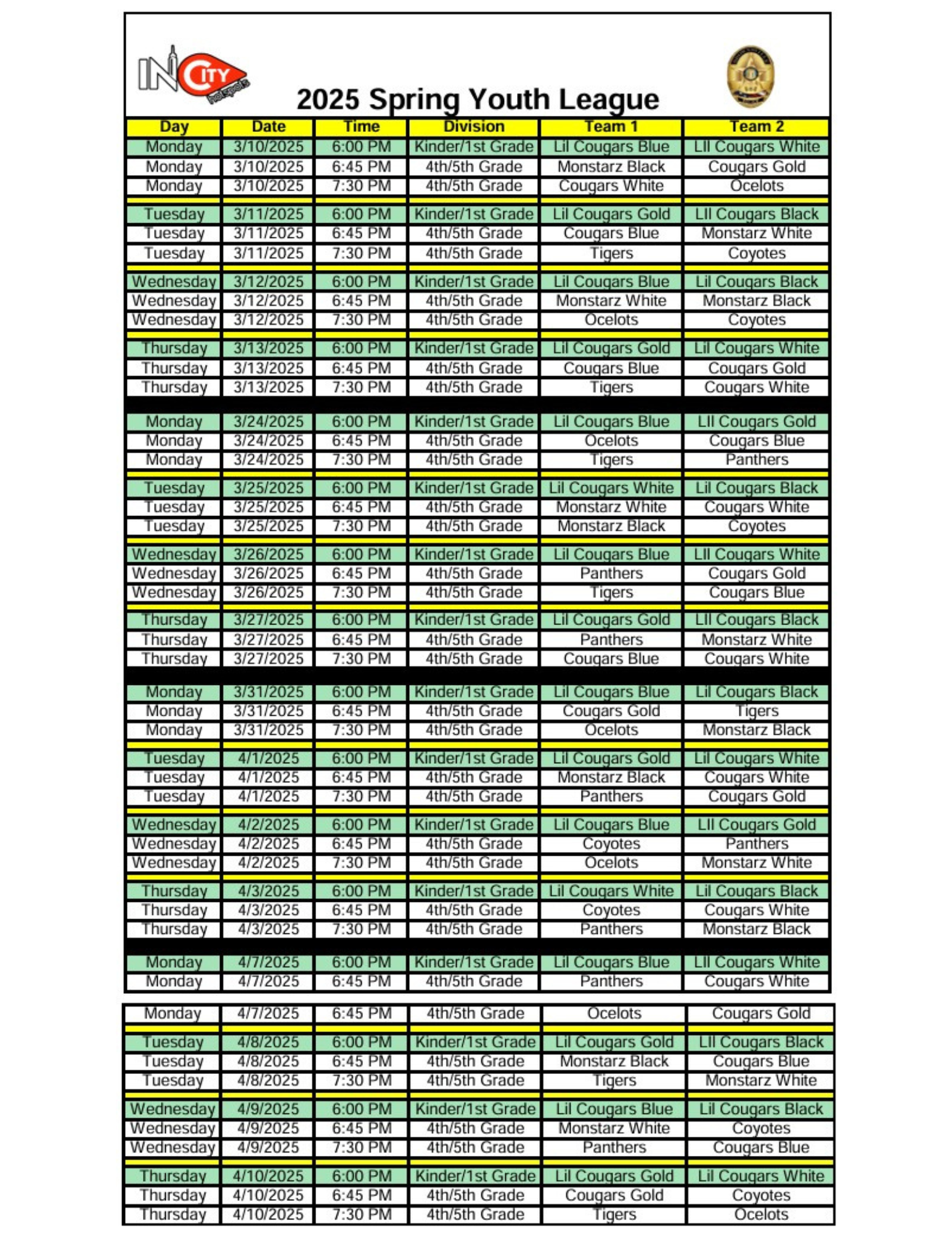 2025 InCity HotSpots LLC Spring Youth League Schedule